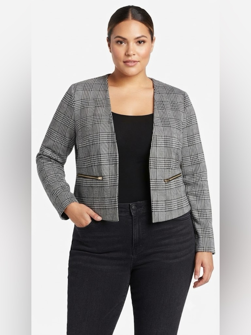 Love Tree Gray Cropped Plaid Open-Front Blazer with Gold Zip Pockets